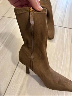 Zara Tan Suede Mid-Calf Heeled Boots